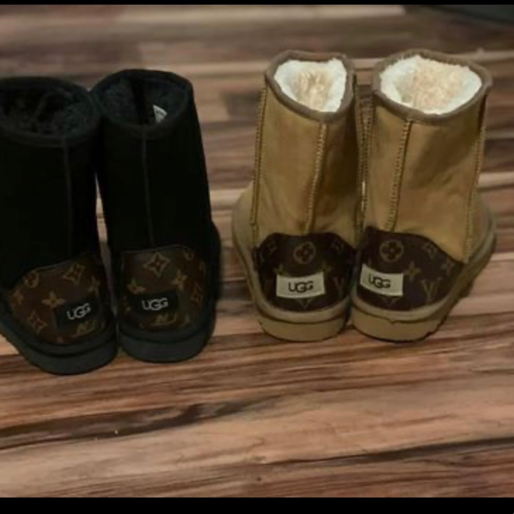 Black and Chestnut color boots with UGG and LV on the back